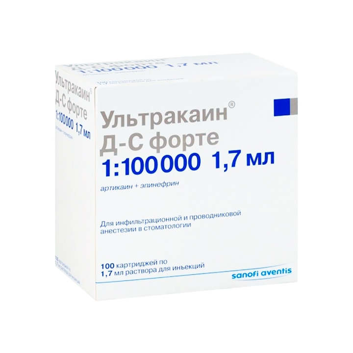 Ультракаин Д-С 40 мг+0,006 мг/мл раствор для инъекций 1,7 мл картридж 100 шт
