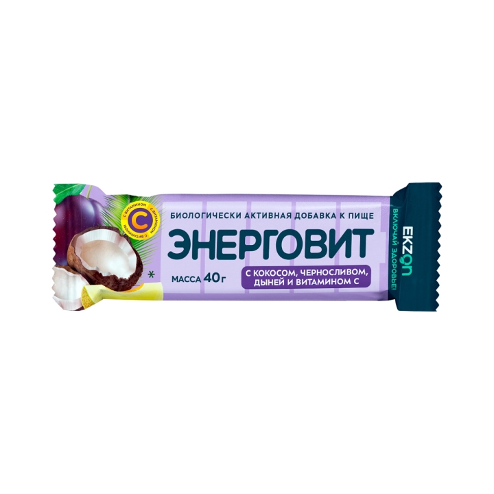 Энерговит с кокосом, черносливом, дыней и витамином С плитка 40 г 1 шт Экзон