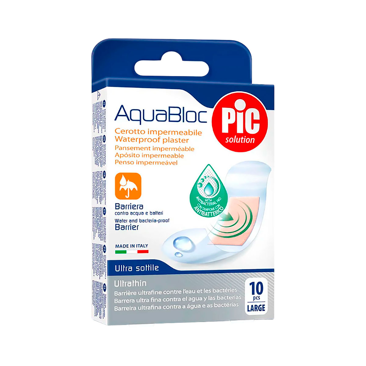 Pic Solution Aquabloc пластырь водонепроницаемый с антибактериальной подушечкой 2,5х7,2 см 10 шт