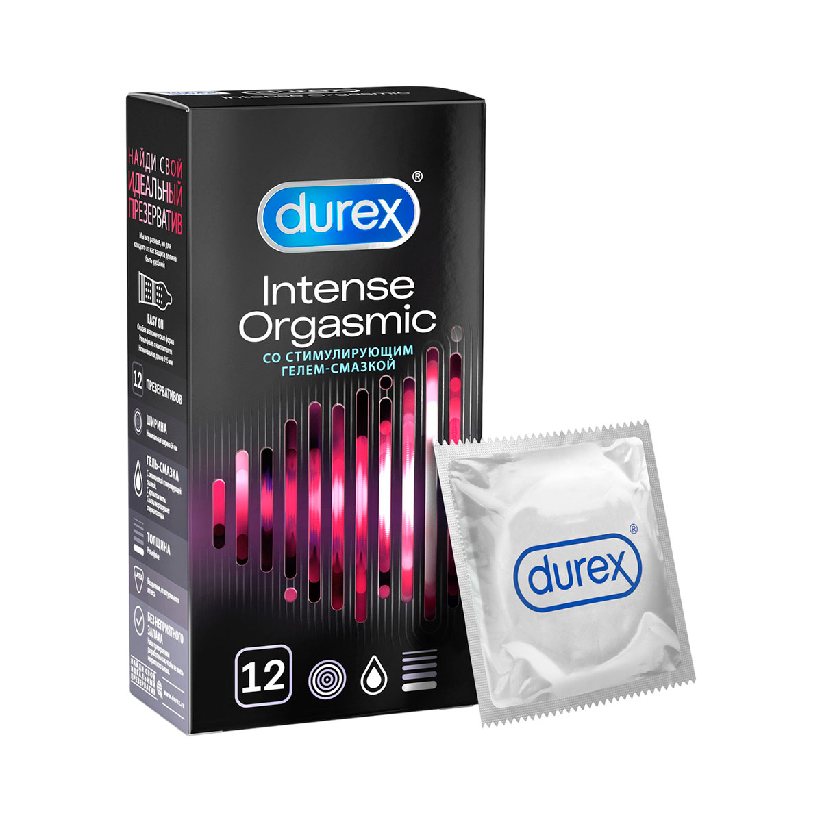 Durex Intense Orgasmic презервативы из натурального латекса со стимулирующим гелем-смазкой 12 шт