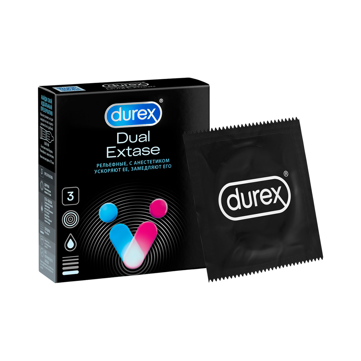 Durex Dual Extase презервативы из натурального латекса рельефные с анестетиком 3 шт