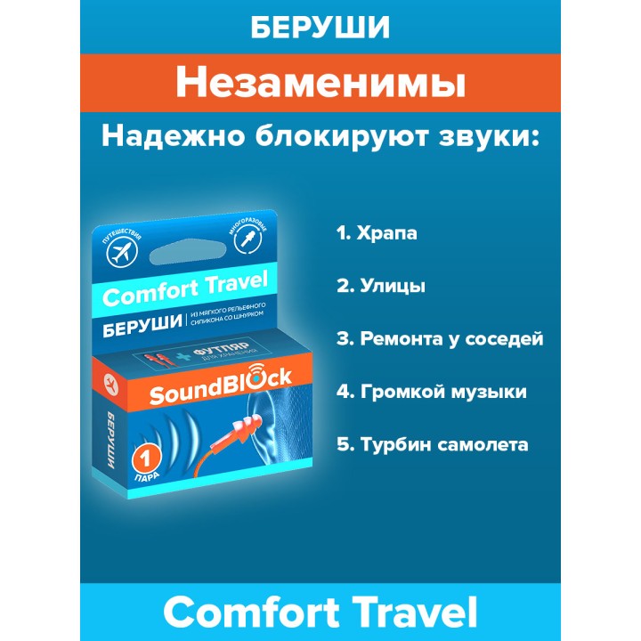 SoundBlock Comfort Travel беруши силиконовые рельефной формы со шнурком 28 дБ 2 шт