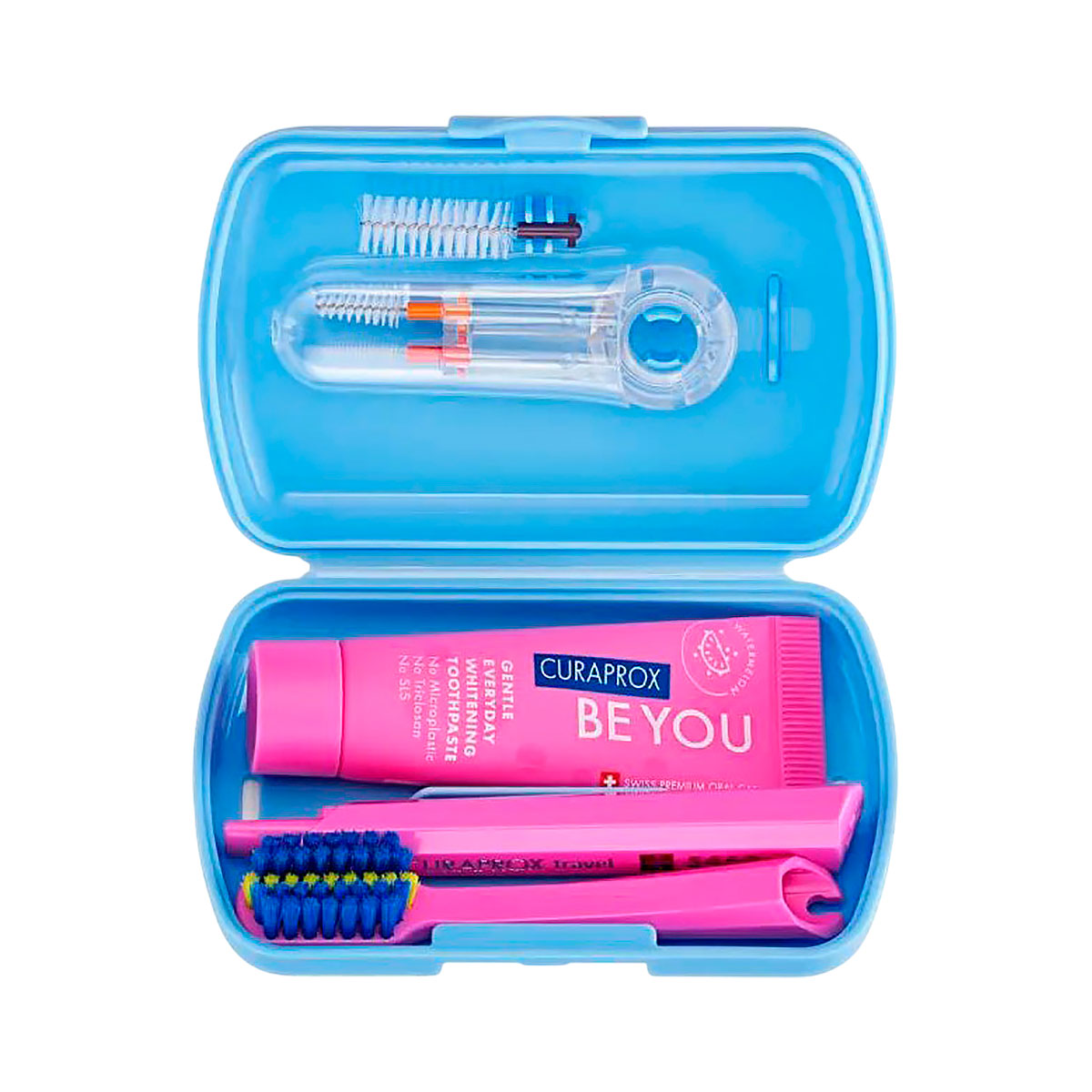 Curaprox дорожный набор ортодонтический в синем боксе (зубная паста Be You Pink 10 мл туба 1 шт + зубная щетка ортодонтическая SC 5460 Ortho 1 шт ершики межзубные CPS Prime 07, Ortho 14, Ortho 18 + держатель UHS 409) 1 шт