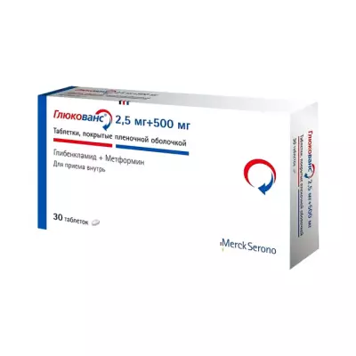 Глюкованс 500 мг+2,5 мг таблетки покрытые пленочной оболочкой 30 шт