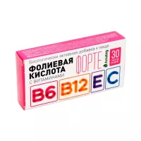 Фолиевая кислота форте с витаминами В6, В12, С, Е таблетки 500 мг 30 шт Amateg