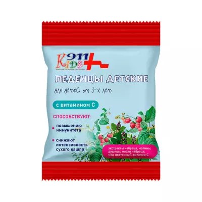911 Kids леденцы детские с экстрактами чабреца, душицы, мёдом и витамином С 50 г пакет 1 шт