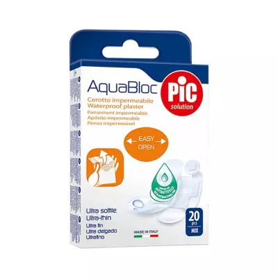 Pic Solution Aquabloc набор водонепроницаемых пластырей с антибактериальной подушечкой ассорти (4 размера) 20 шт