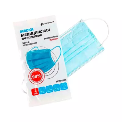 Маска медицинская 3-слойная нестерильная однократного применения тип II на резинках голубого цвета 17,5х9,5 см 1 шт Галтеяфарм