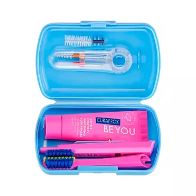 Curaprox дорожный набор ортодонтический в синем боксе (зубная паста Be You Pink 10 мл туба 1 шт + зубная щетка ортодонтическая SC 5460 Ortho 1 шт ершики межзубные CPS Prime 07, Ortho 14, Ortho 18 + держатель UHS 409) 1 шт